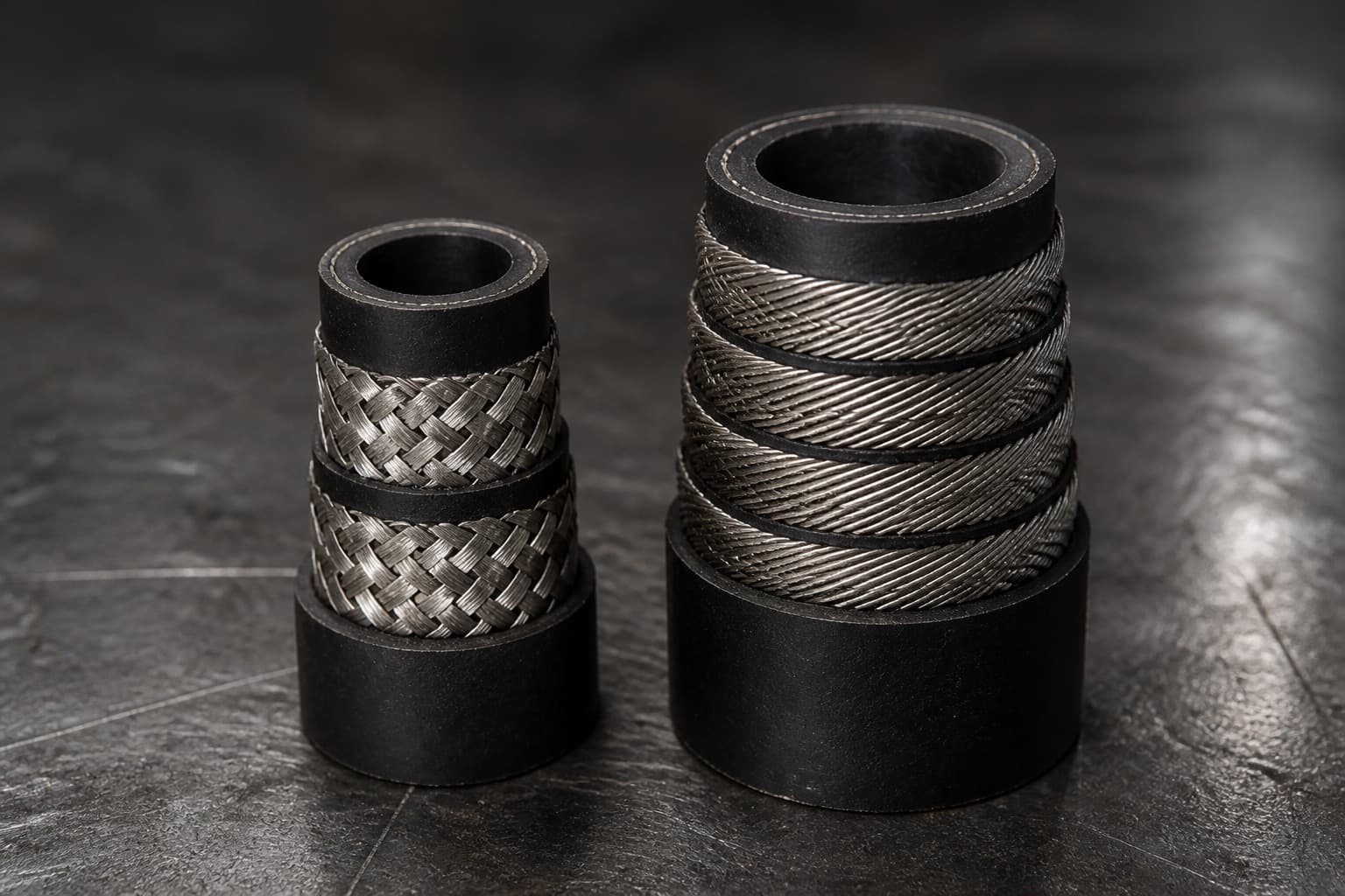 Two hose sections cut back in steps, one showing two crossing wire braid layers and the other four spiral-wound wire layers