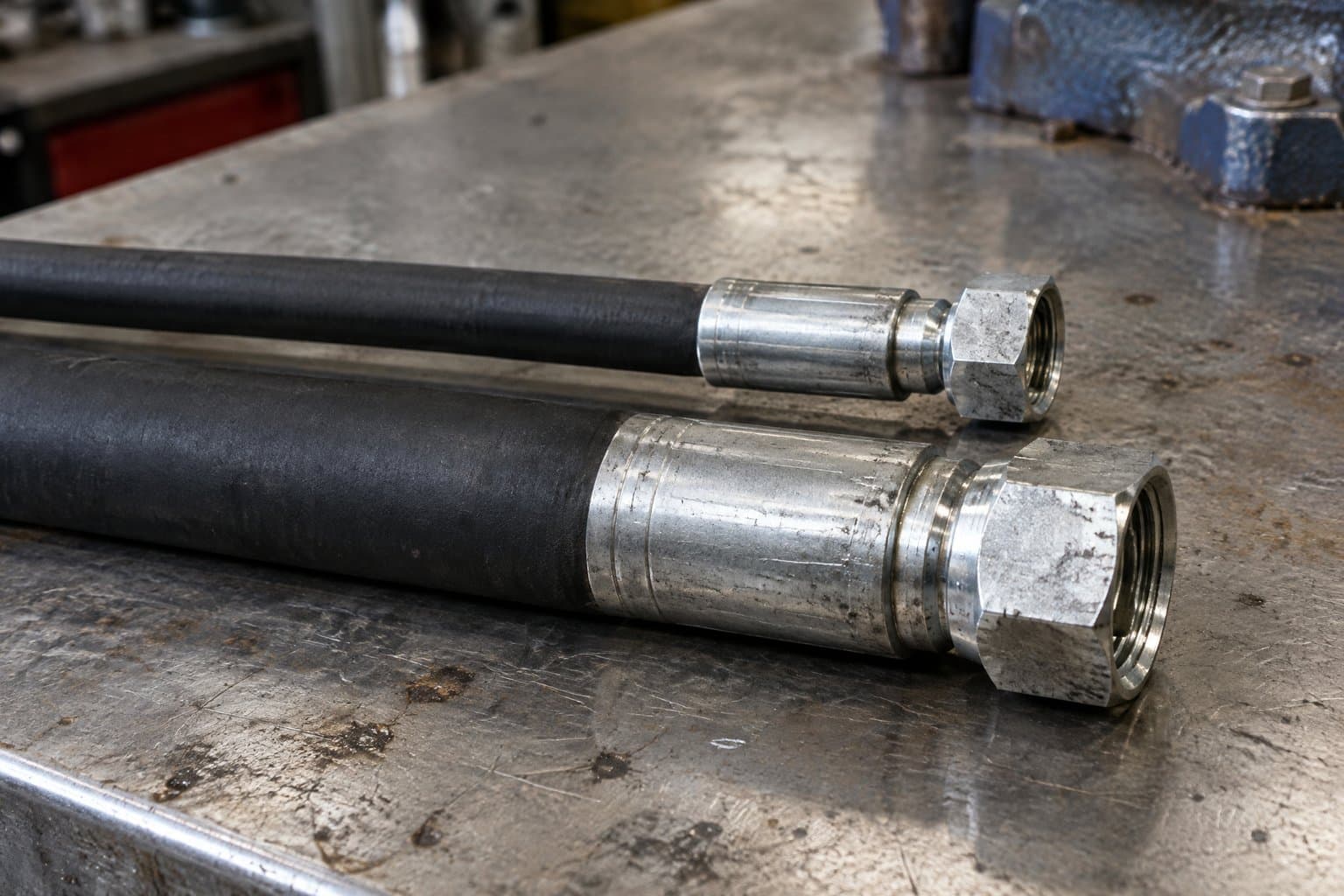 Two hydraulic hose assemblies side by side, a thinner hose with a short crimped ferrule and a thicker hose with a longer, heavier ferrule