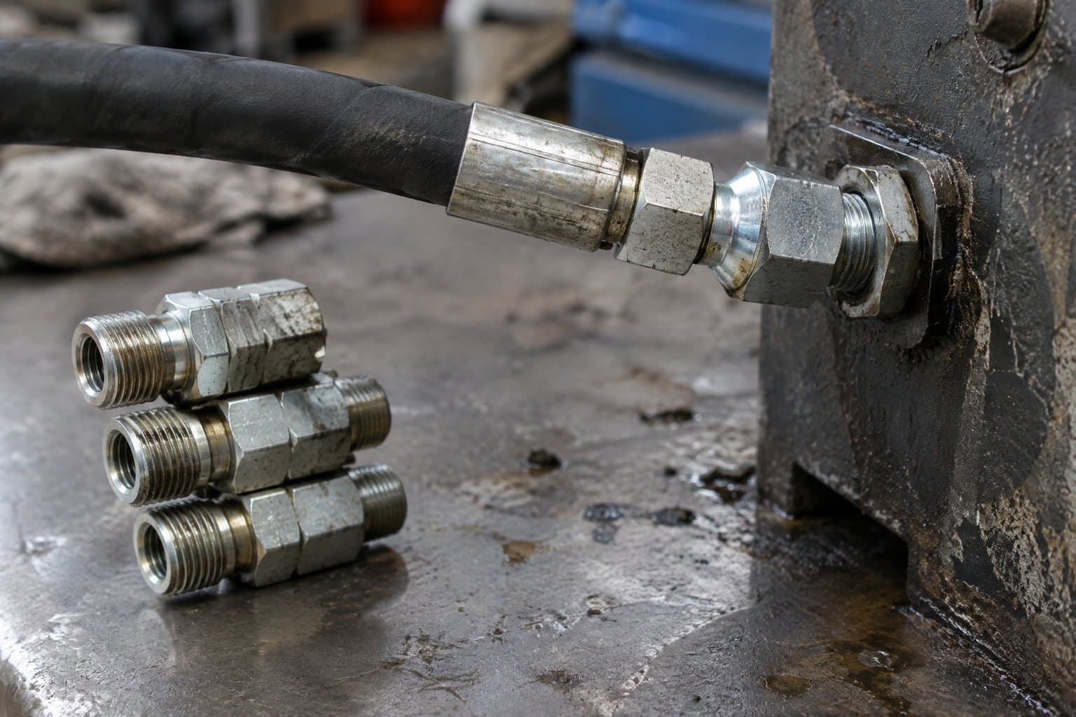 One adapter joining two thread standards, a discarded stack of three adapters on the bench beside it