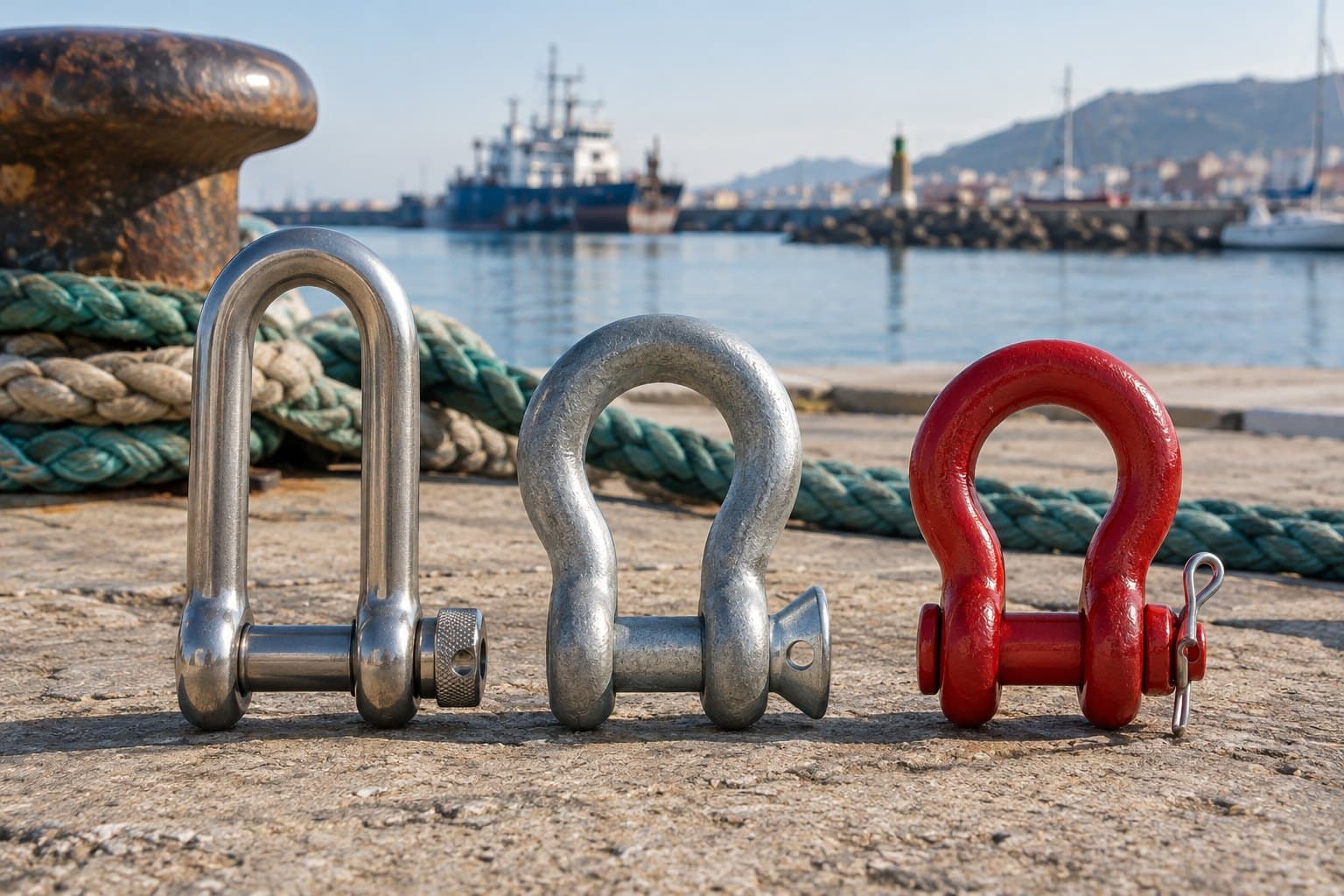 Long dee shackle, galvanized bow shackle and red bow shackle with safety pin on a harbour quay beside mooring rope