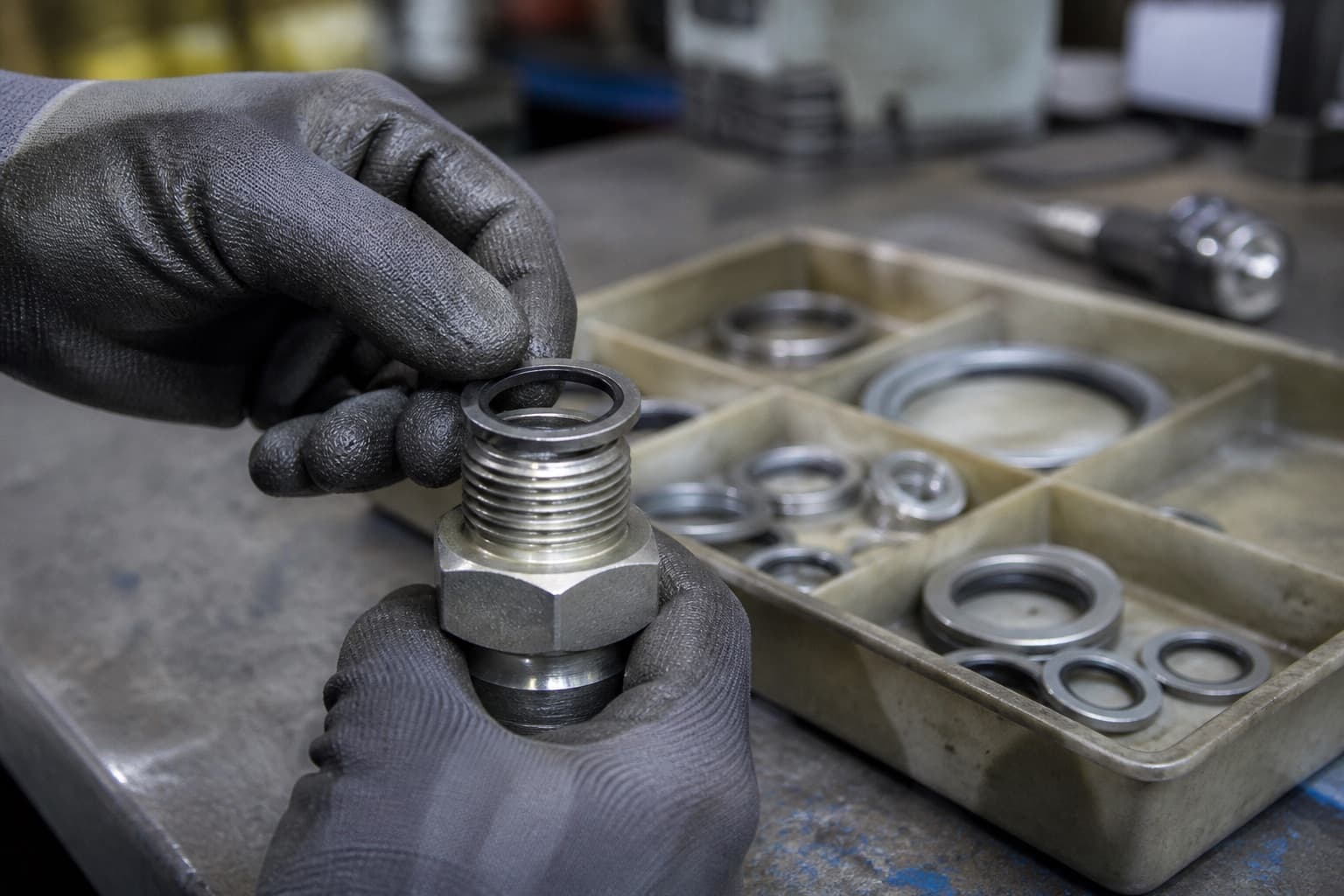Gloved fingers sliding a bonded seal down the parallel male thread of a steel adapter, a tray of assorted bonded seals behind