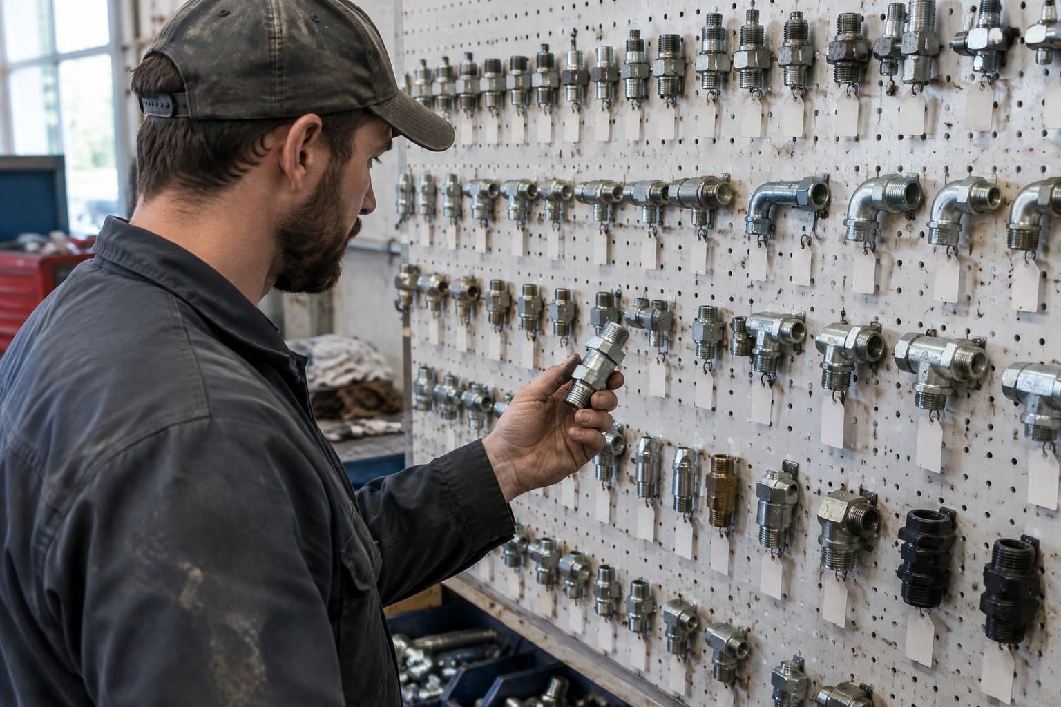 A technician comparing a fitting to a wall board of mounted sample hydraulic fittings