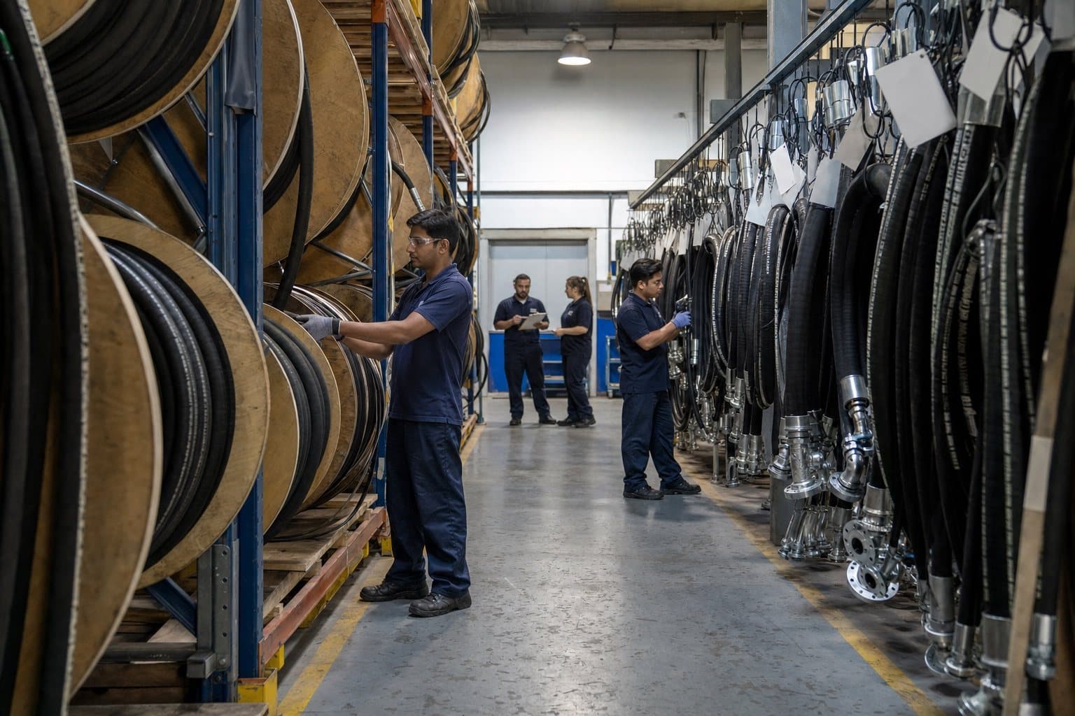 A warehouse aisle with reels of bulk hydraulic hose racked on one side and finished tagged hose assemblies hanging on the other