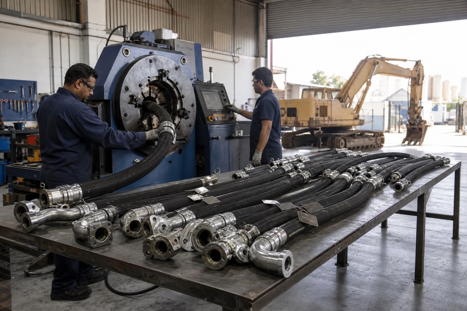 An entire machine's worth of newly built hose assemblies laid out and tagged on a workshop table while more are crimped behind