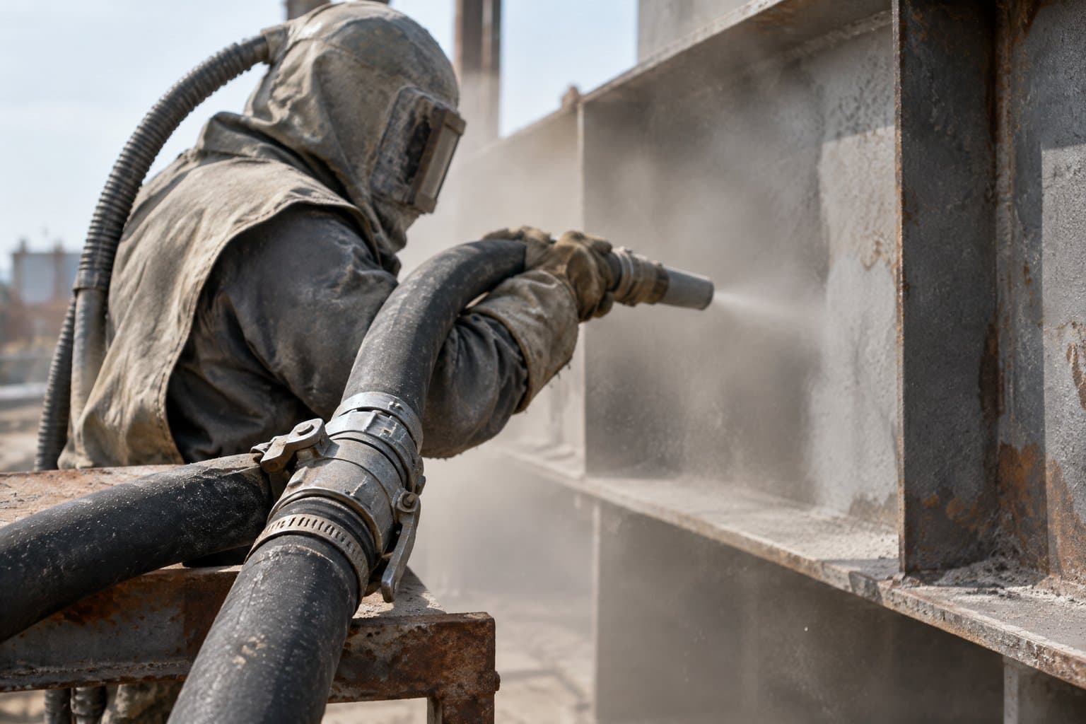 A sandblast hose and nozzle holder in the foreground as an operator blasts a steel structure