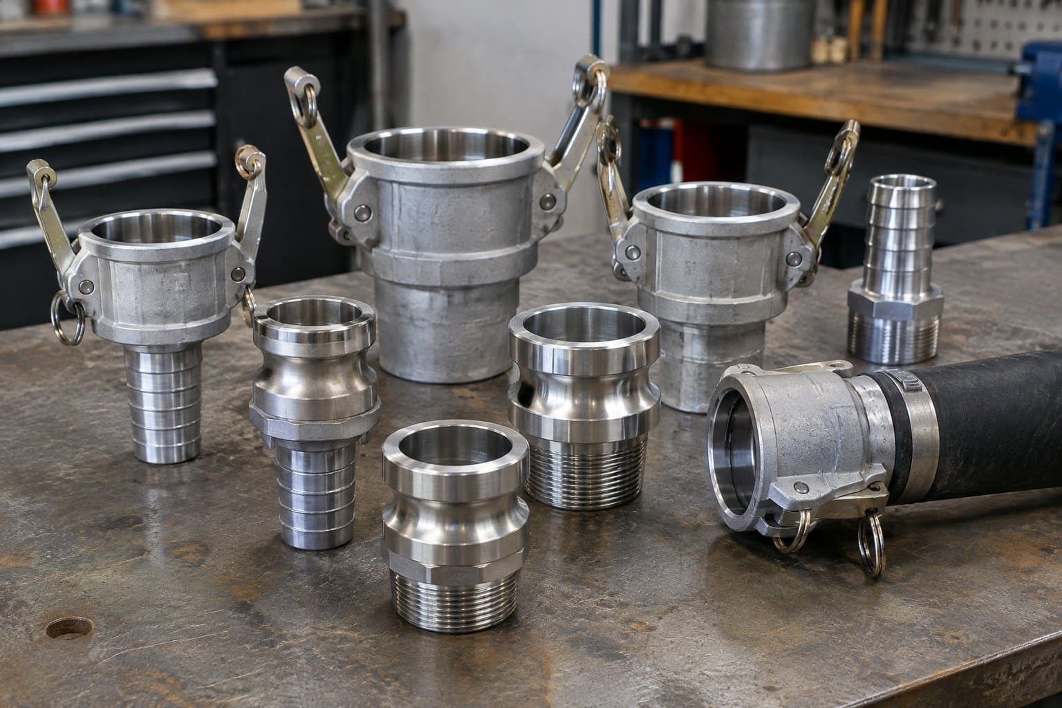 Cam and groove couplings on a bench: female couplers with cam arms, male adapters with threaded and hose-shank ends, one coupler on a suction hose