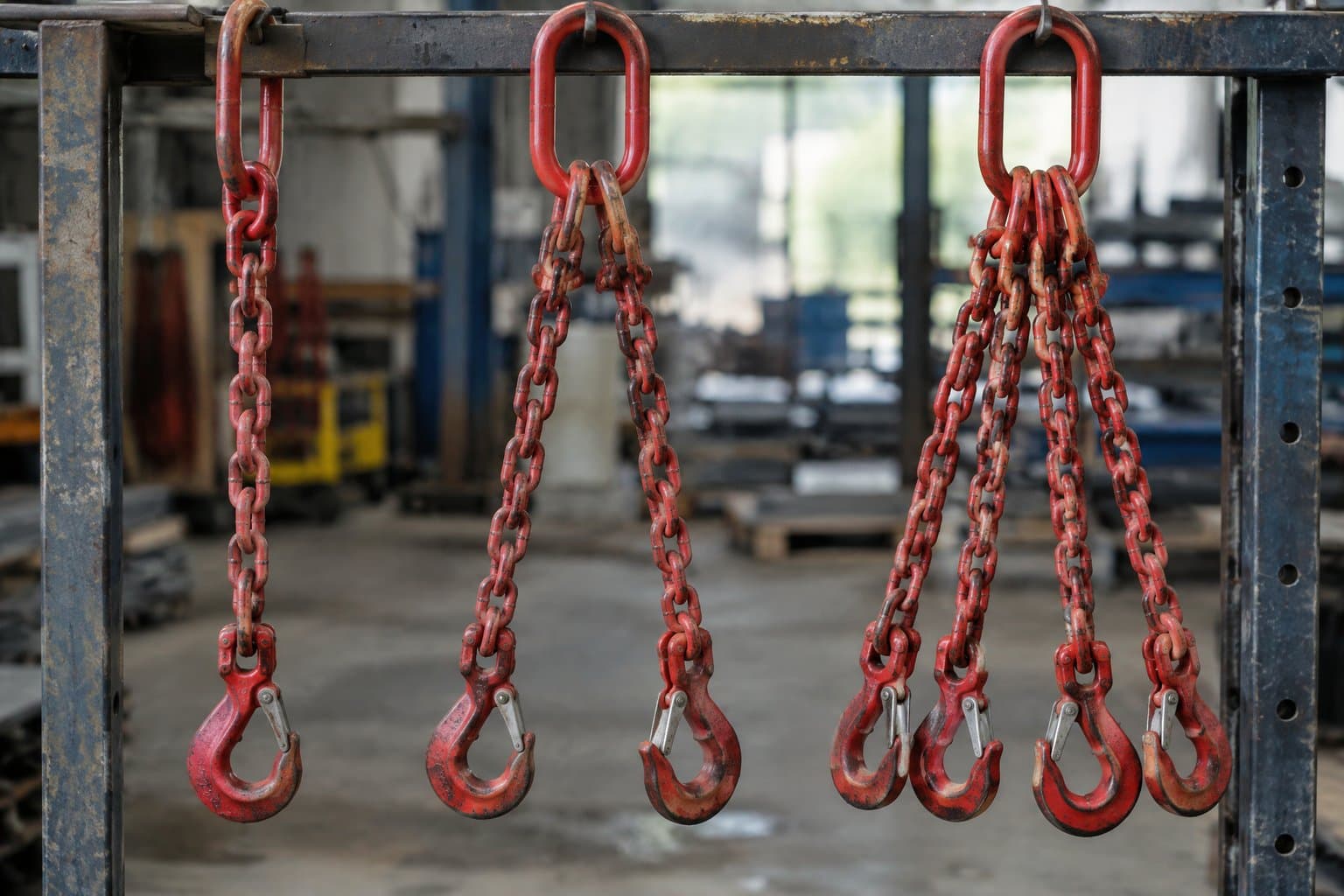 Single-leg, two-leg and four-leg chain slings hanging from master links on a rack