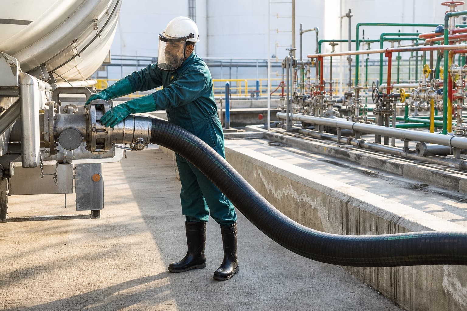 An operator in chemical protective clothing connecting a composite transfer hose to a road tanker manifold on a bunded loading area