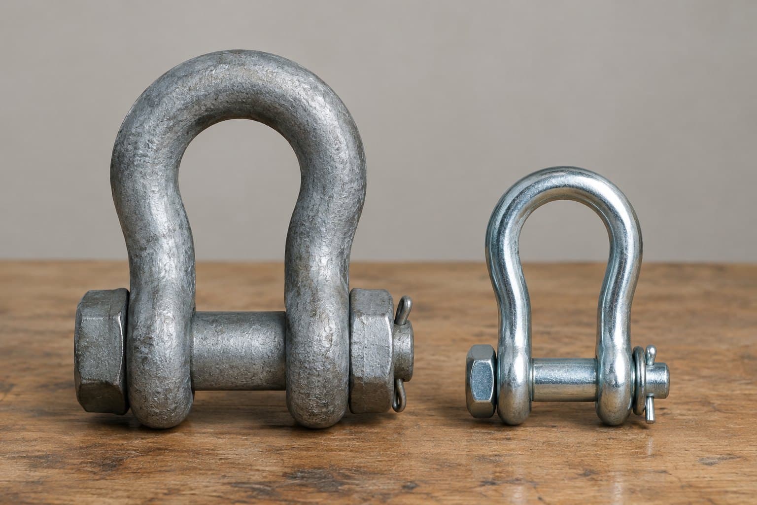 Heavy forged galvanized bolt-type lifting shackle beside a smaller, lighter bright zinc-plated commercial shackle