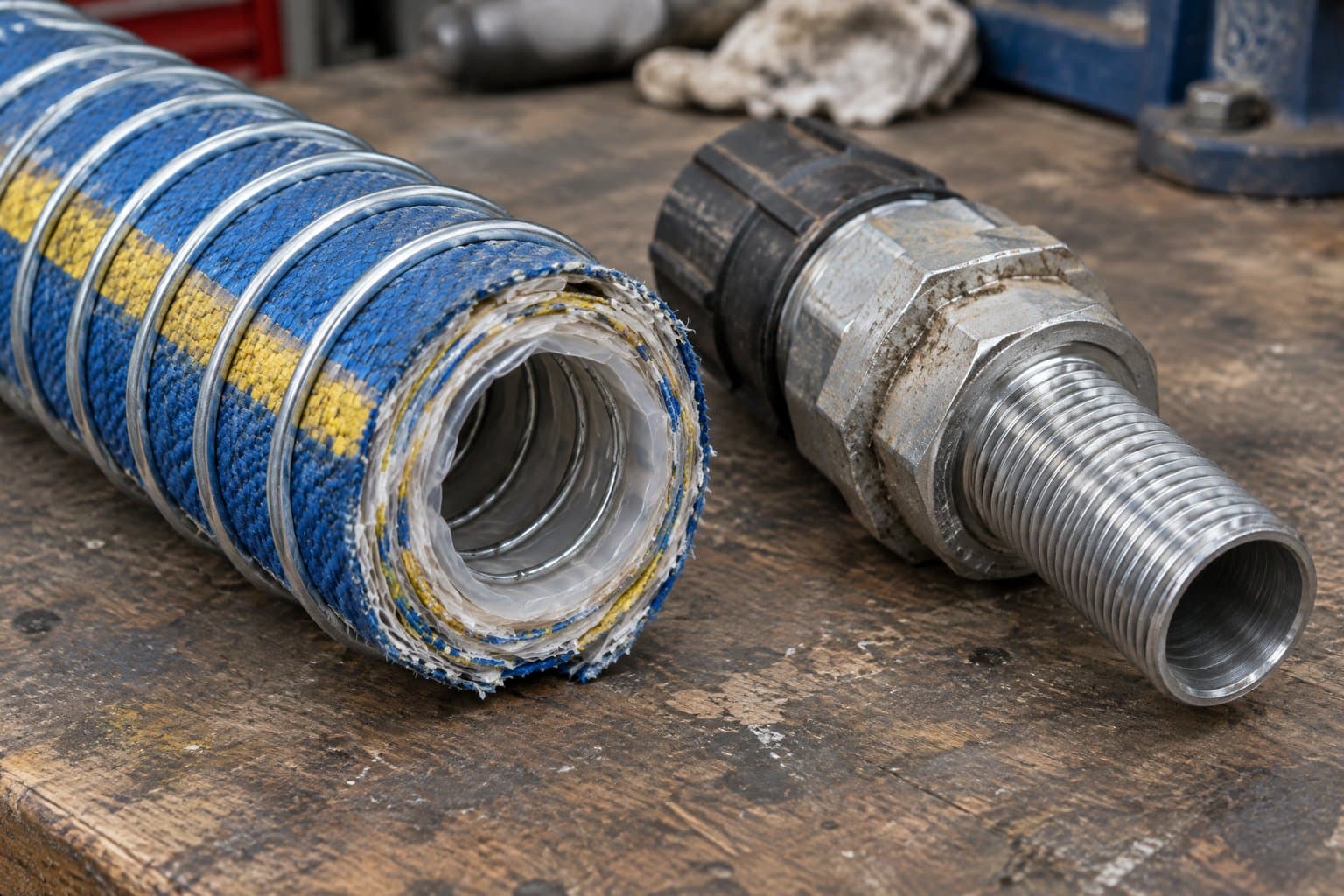 A cut composite hose with an outer wire helix over a fabric cover and layers of film inside, a composite hose fitting beside it