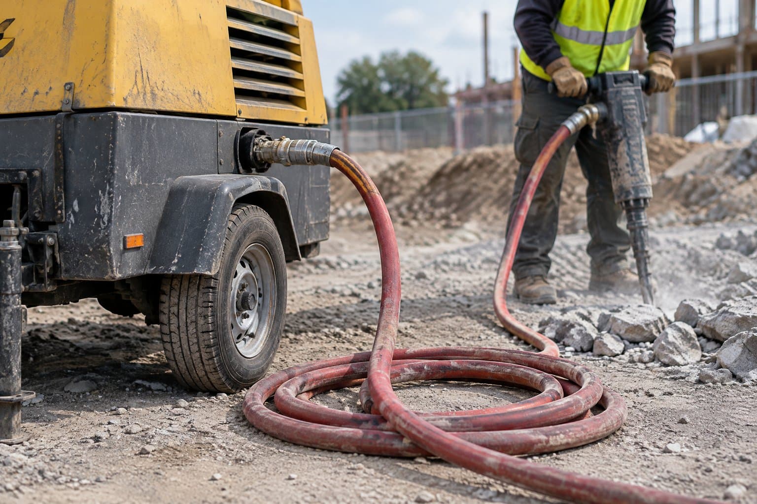 A red air hose running from a towable compressor to a jackhammer on a construction site