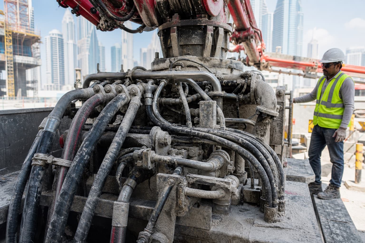 The base of a deployed concrete placing boom, dense with high-pressure hydraulic lines and steel pipework under concrete dust