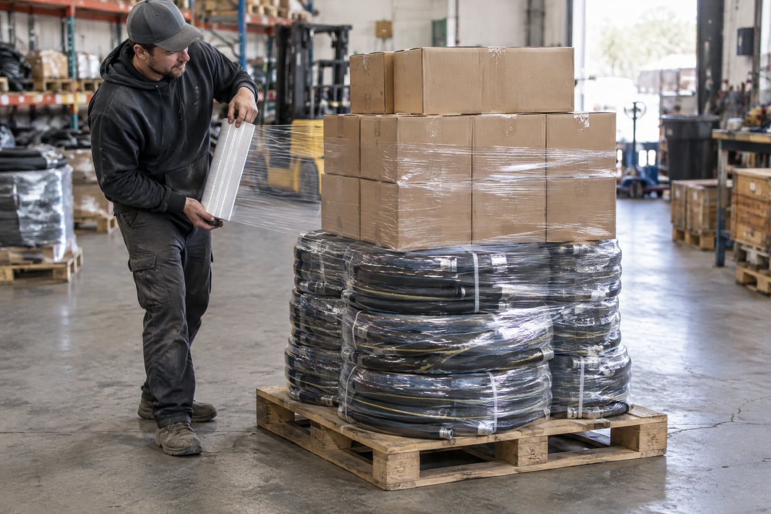 A worker stretch-wrapping one pallet of hydraulic hose coils and cartons of fittings for a single consignment