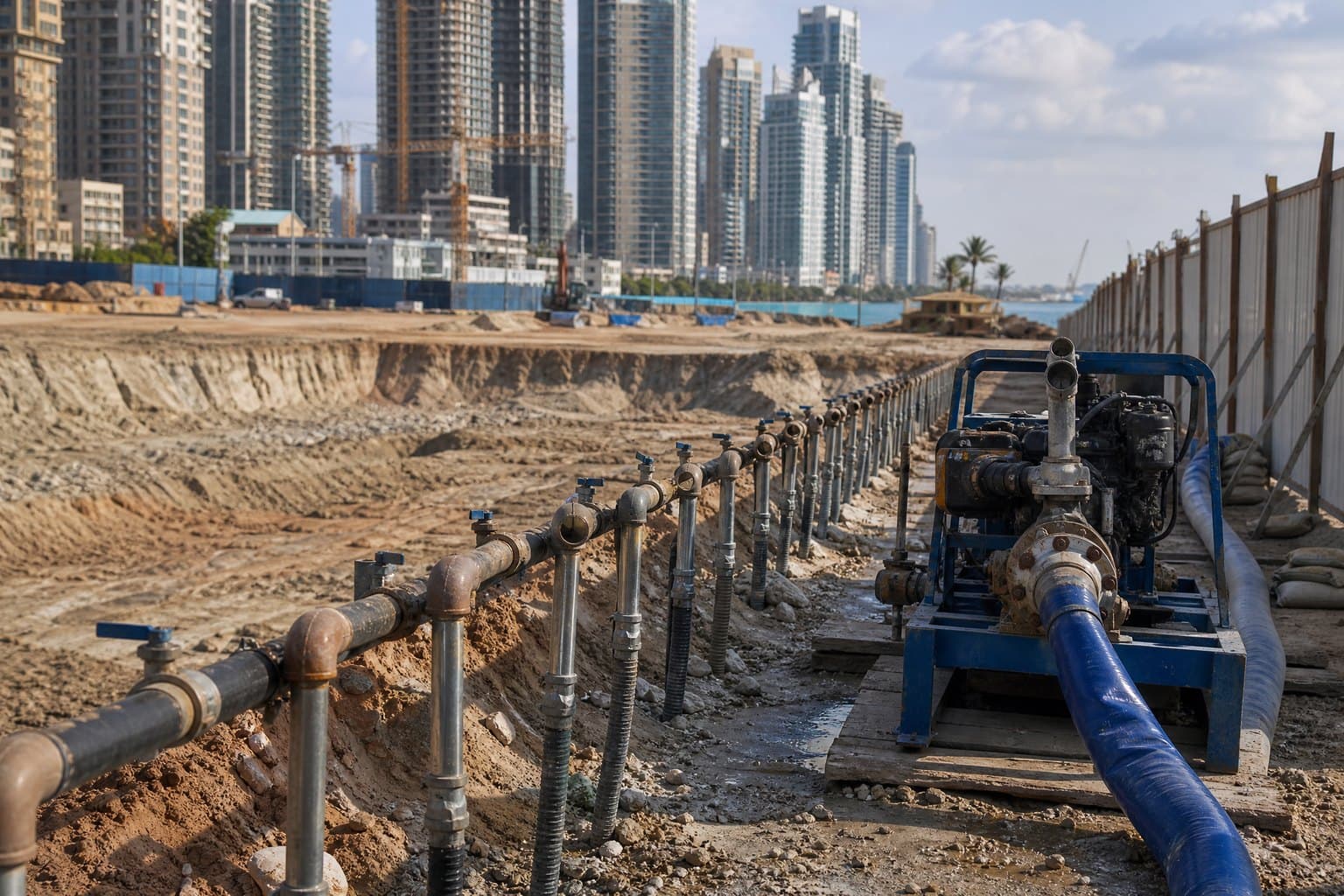 Wellpoint risers and header along a deep excavation with a diesel pump feeding blue lay flat hose, city towers behind