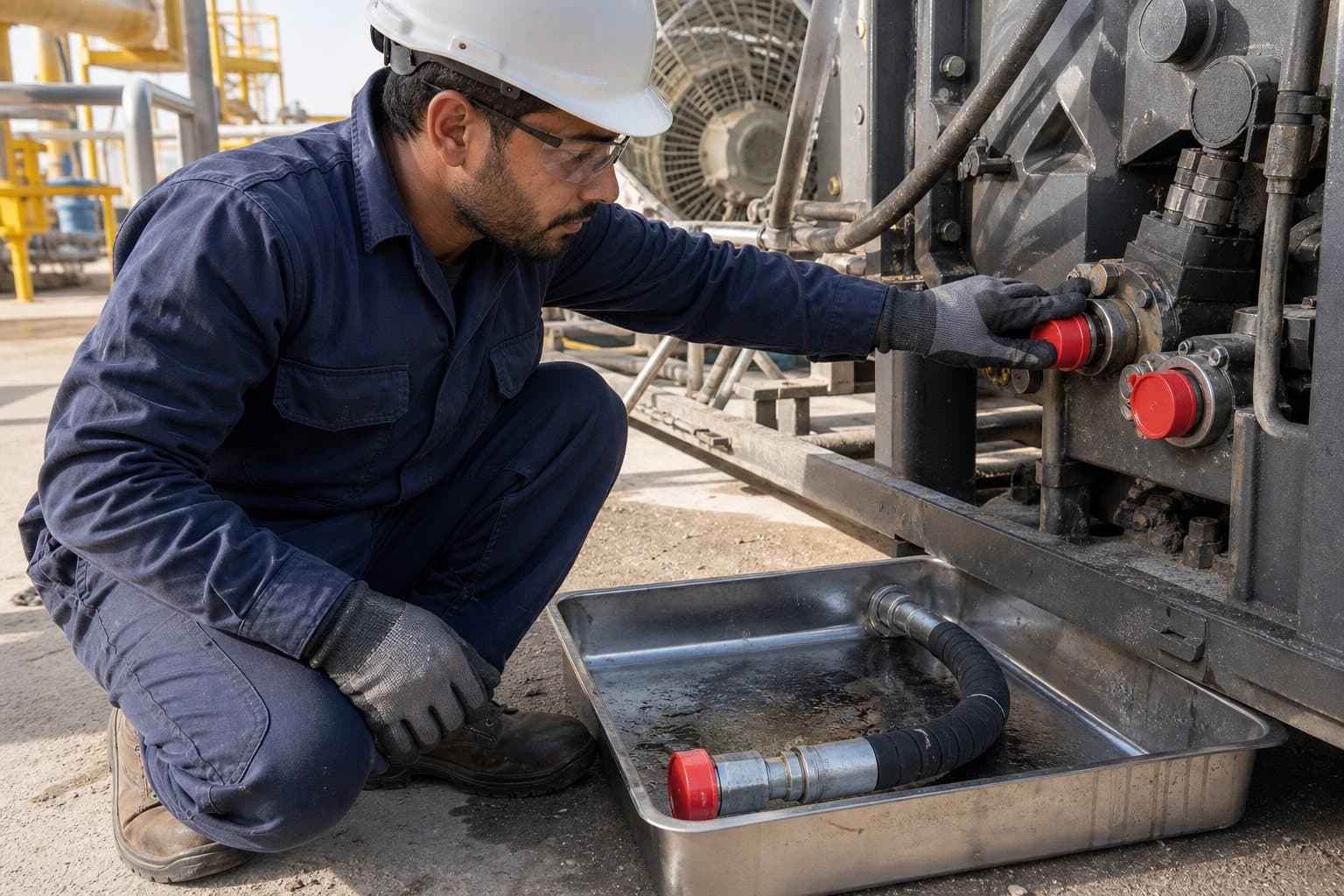 Open hydraulic ports on a machine capped with coloured plastic plugs, the removed hose assembly capped at both ends in a clean drain tray