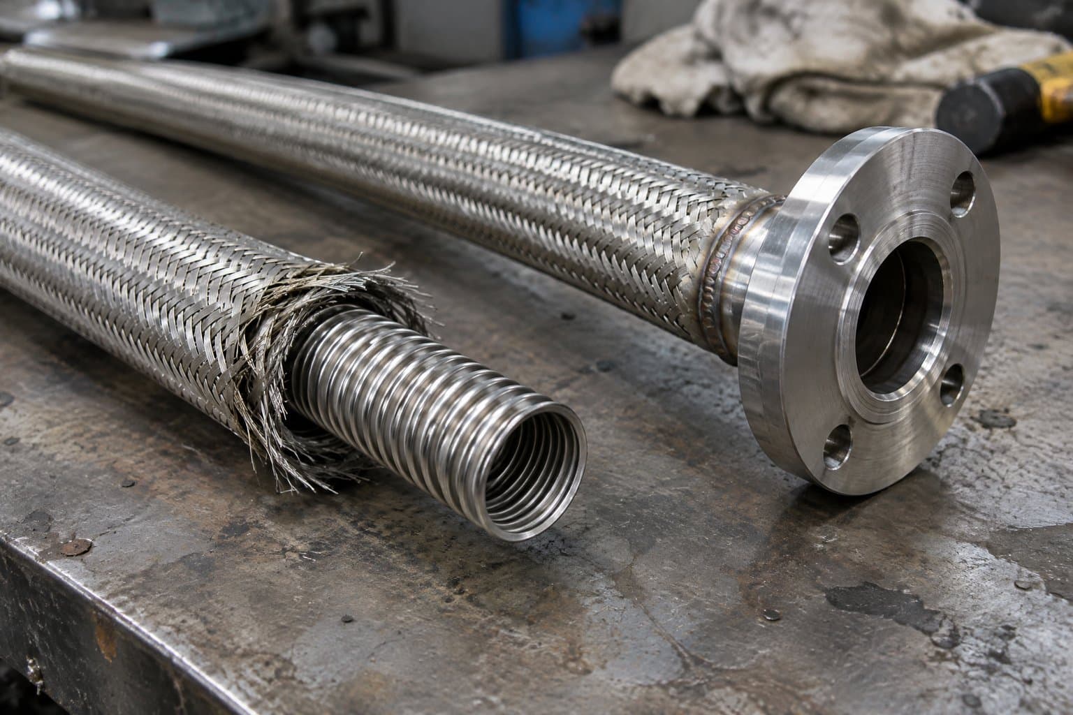 A stainless metal hose with its braid peeled back to show the corrugated core, a braided hose with a flange beside it