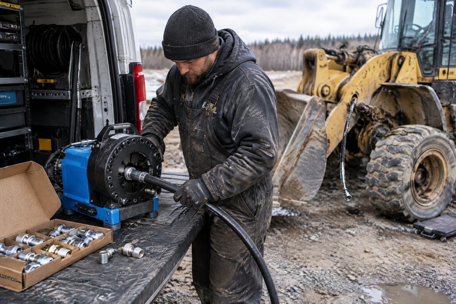 A technician using a portable crimper on a van tailgate beside a broken-down wheel loader