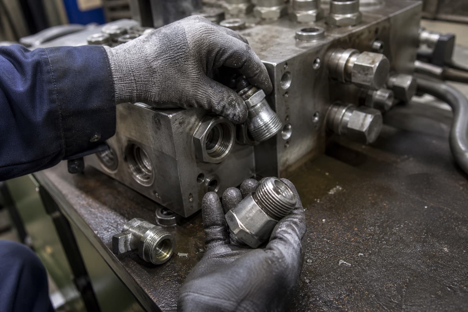 A gloved hand backing a steel adapter out of a hydraulic valve manifold, the adapter sitting visibly askew in the port, a second adapter with bruised threads held up beside it