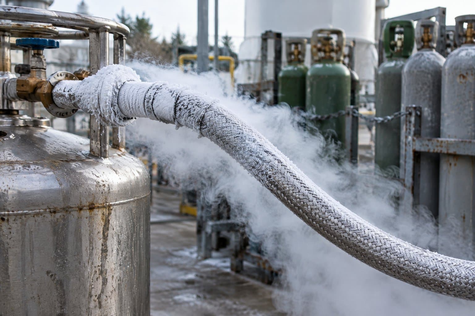 A frosted stainless cryogenic hose connected to a liquid nitrogen tank, vapour rolling off it
