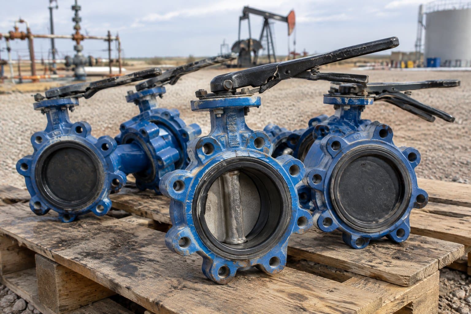 Lug butterfly valves with hand levers on a pallet, one disc open to show the seat