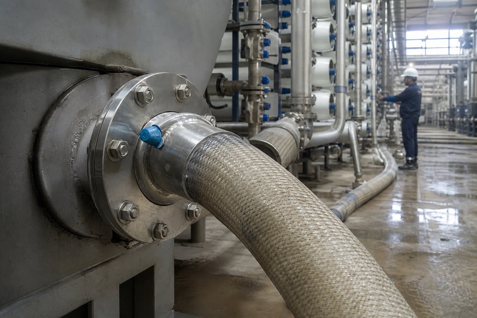 A flexible hose flanged to a manifold inside a desalination plant, rows of white pressure vessels and stainless pipework behind