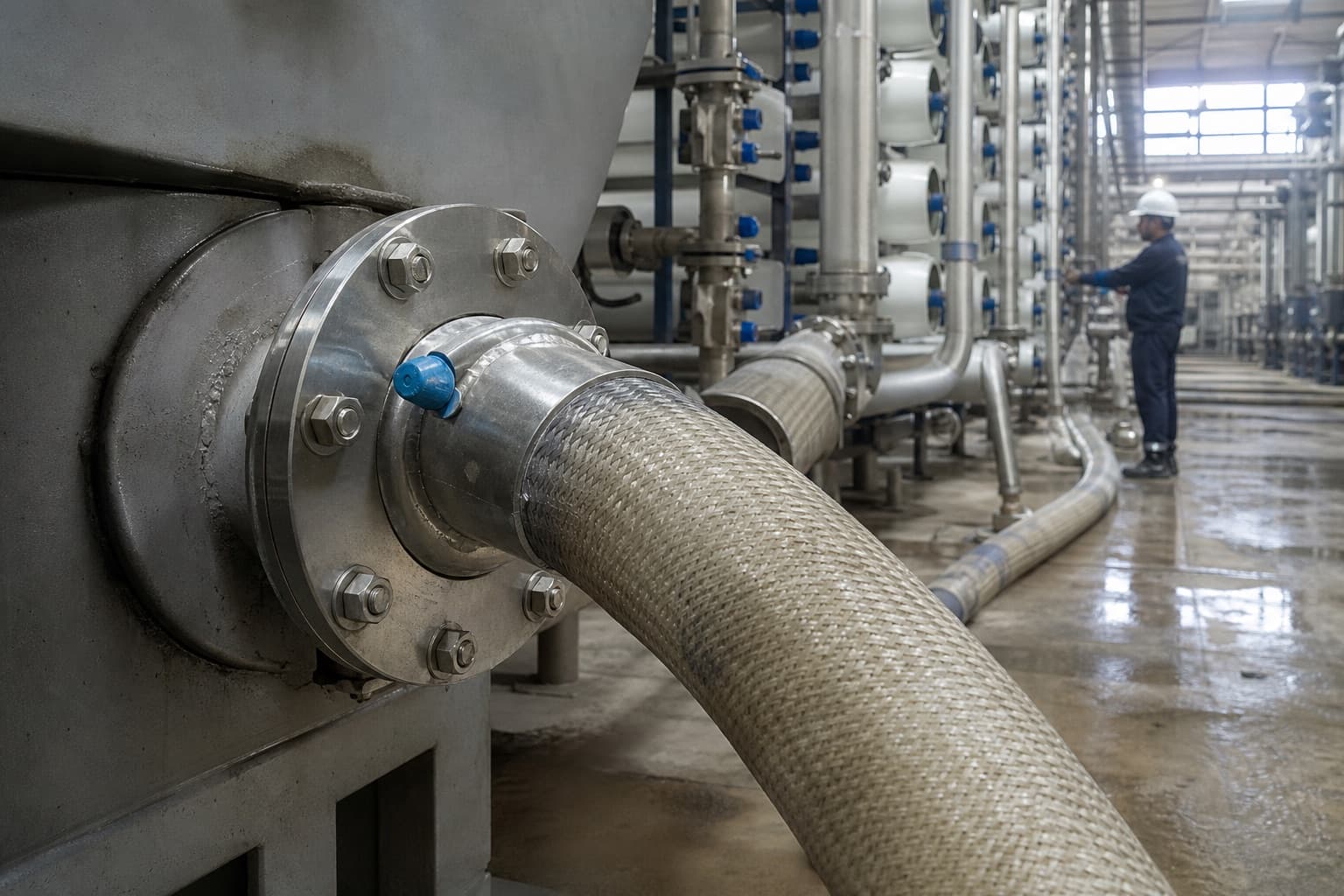 A flexible hose flanged to a manifold inside a desalination plant, rows of white pressure vessels and stainless pipework behind