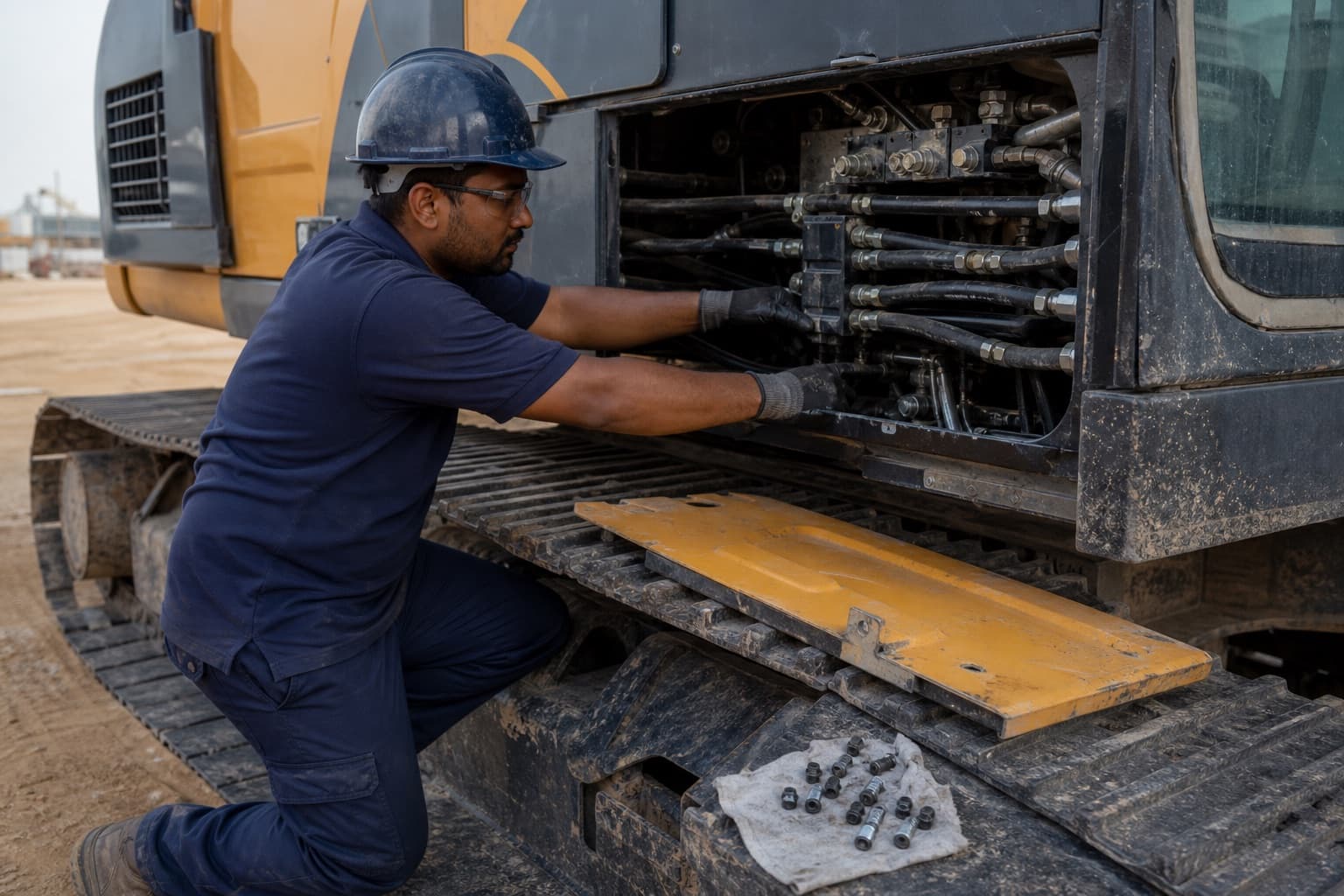 A technician reaching into an opened access compartment on an excavator where hoses run through moulded clamp blocks, removed fasteners laid out on a rag