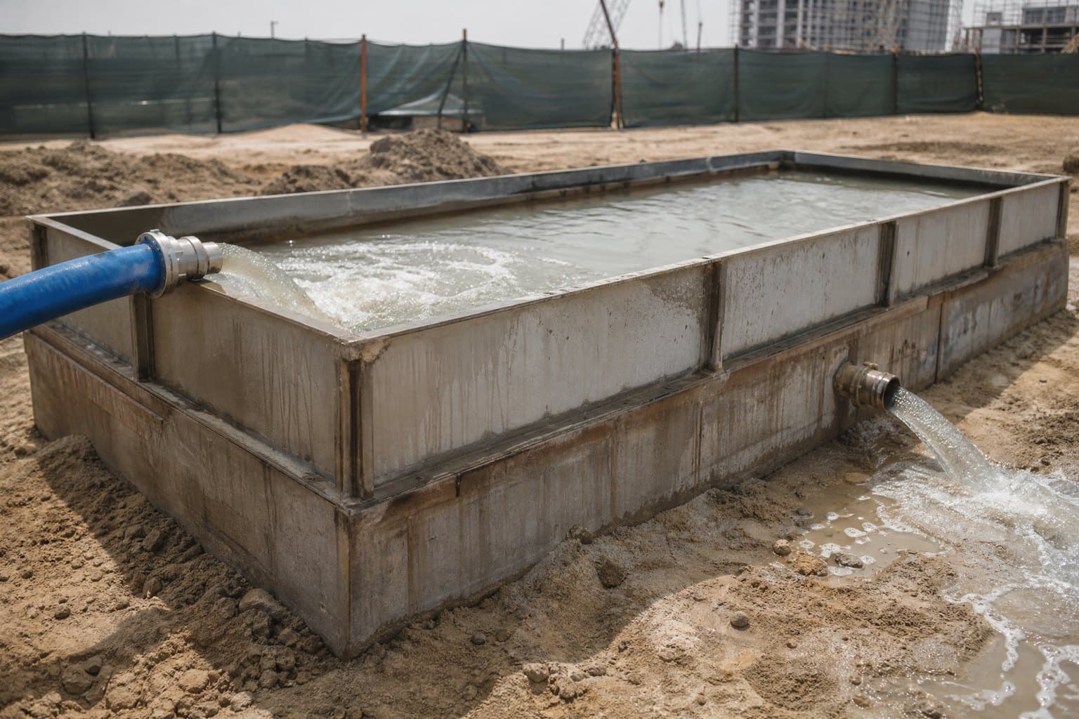 Steel settlement tank on a construction site taking pumped groundwater from a blue lay flat hose, clear water leaving