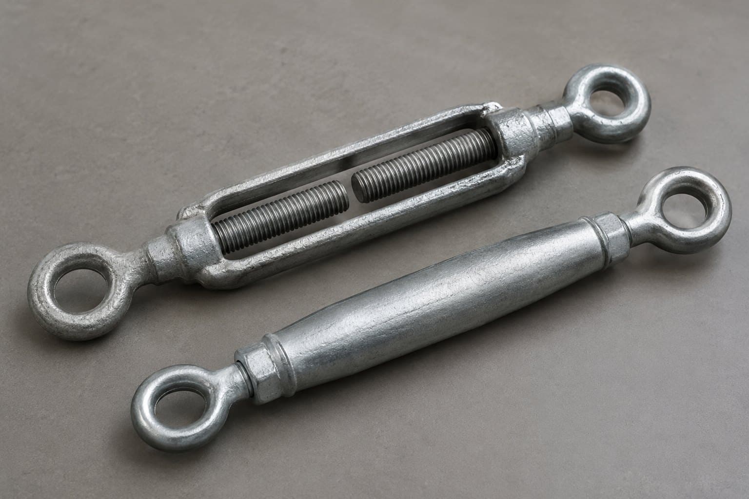 Forged open-frame turnbuckle with eye ends beside a closed tubular pipe-body turnbuckle with eye ends