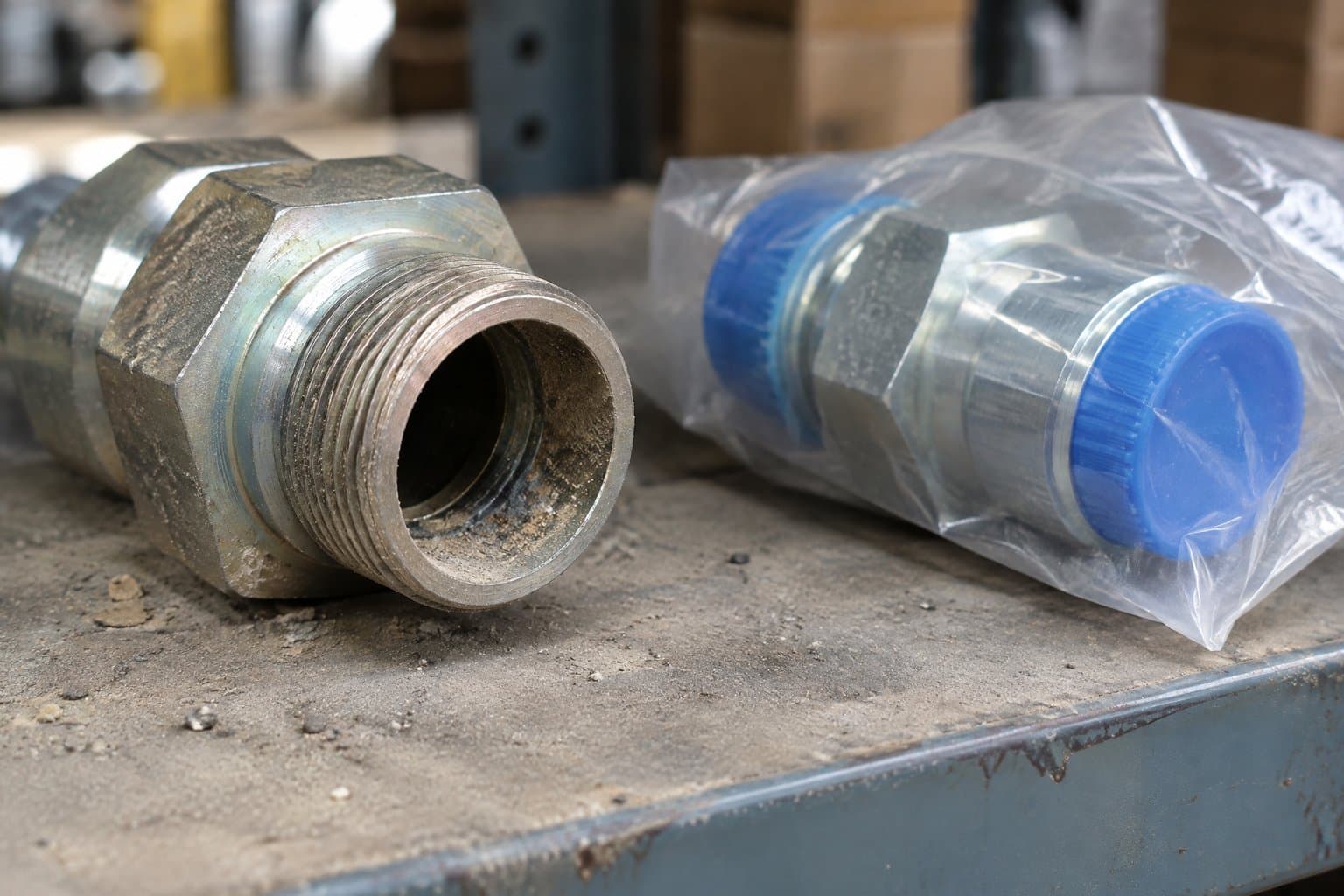 An uncapped hydraulic adapter with grit in its bore beside a clean capped and bagged fitting on a warehouse shelf