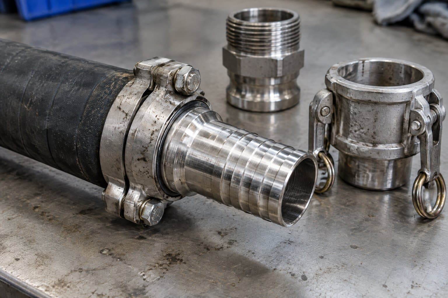 A stainless hose tail held in an industrial hose with a bolted two-piece safety clamp, other fitting ends nearby