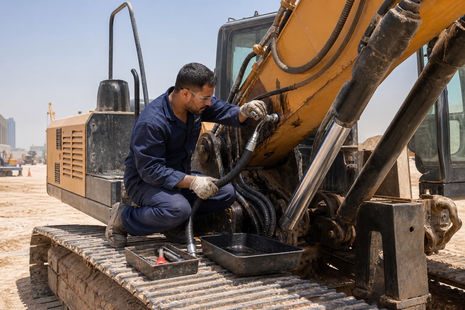 A technician kneeling on an excavator track replacing a burst boom hose, oil streaked down the paintwork and a drip tray alongside
