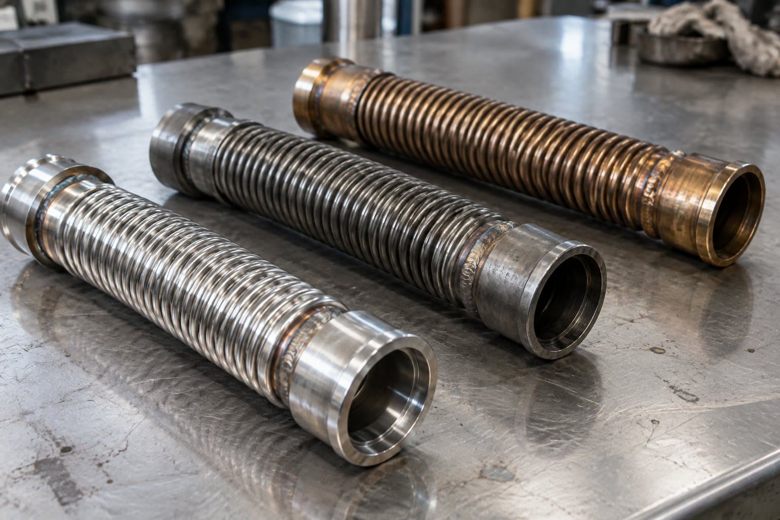 Corrugated metal hose sections in stainless, nickel alloy and bronze laid out with welded end fittings