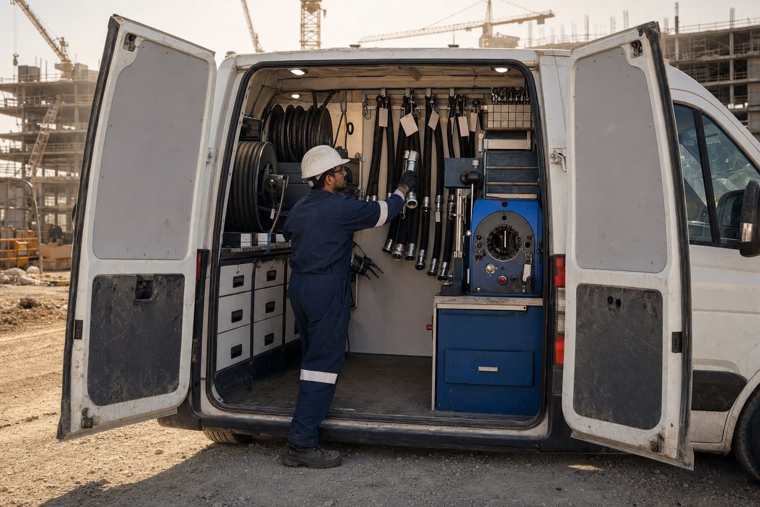 The open side doors of a mobile hose service van on site, showing bulk hose reels, fitting drawers, a bolted-down crimper and finished assemblies on a rail