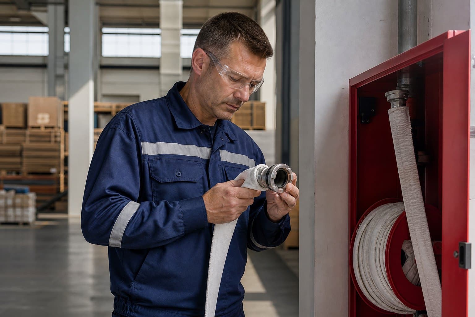 Technician in safety glasses checking the coupling of a white fire hose pulled from a red wall cabinet in a warehouse
