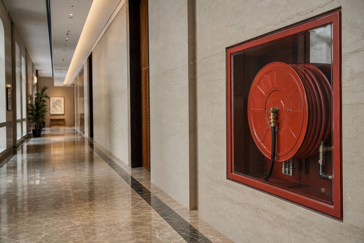 Recessed red fire hose reel cabinet with a glass door in a stone-floored commercial building corridor