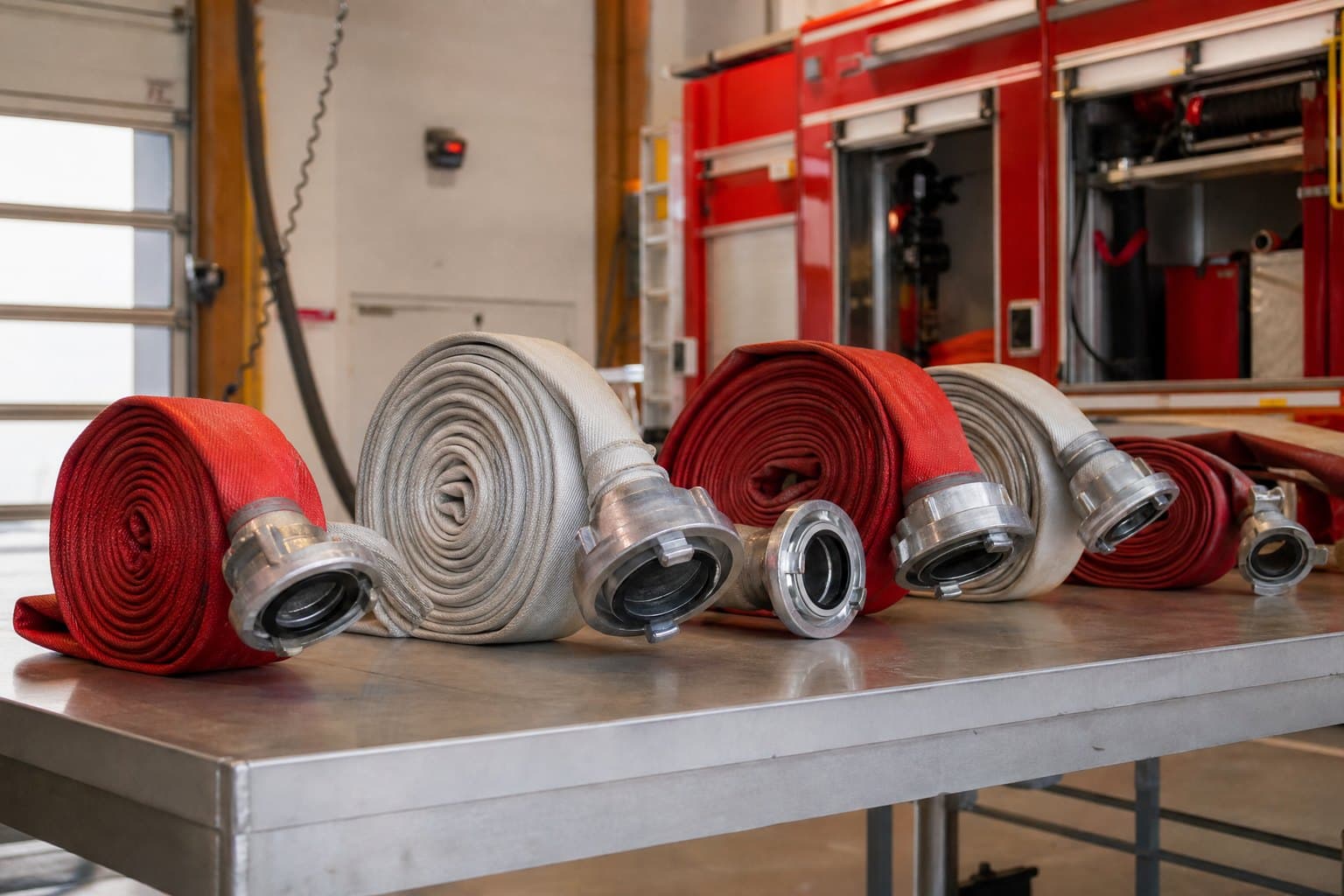 Rolled red and white fire hoses of different sizes with aluminium Storz couplings on a steel table in a fire station