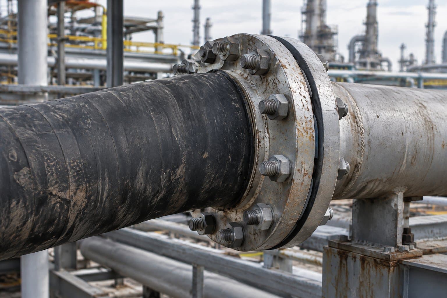 A large-bore hose with a steel flanged end bolted to a pipe spool on a refinery rack