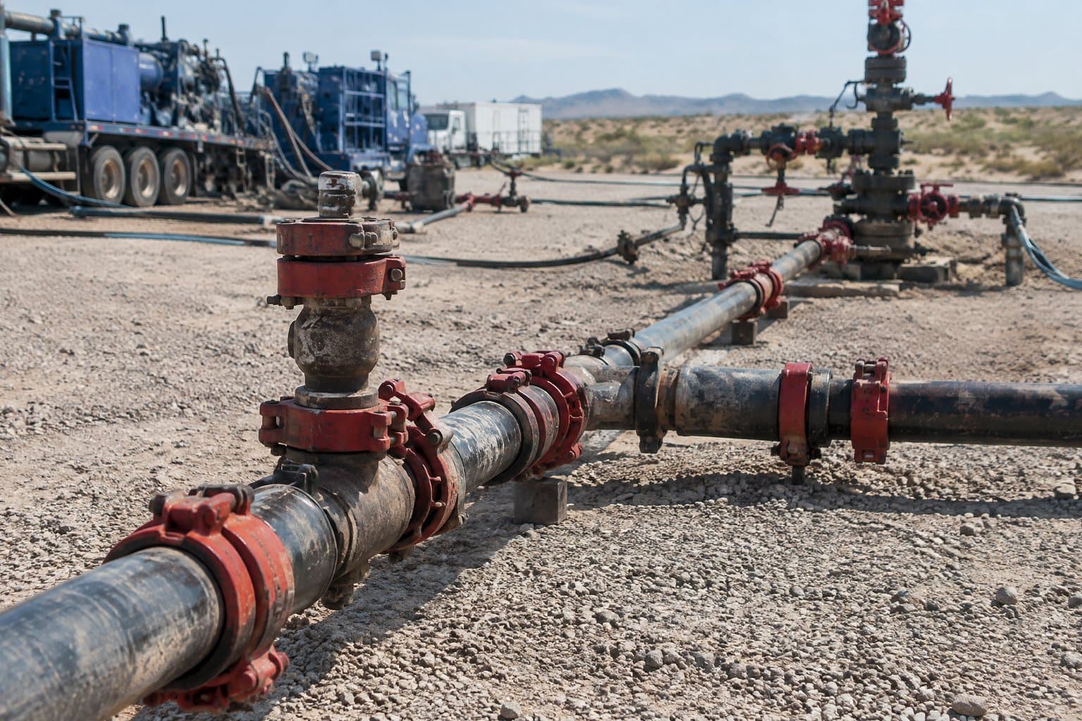 A treating line of pup joints, swivels and tees joined by hammer unions running to a wellhead