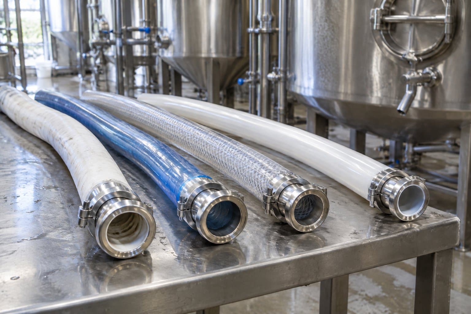 Food-grade hoses of different materials with sanitary fittings on a stainless table in a dairy plant