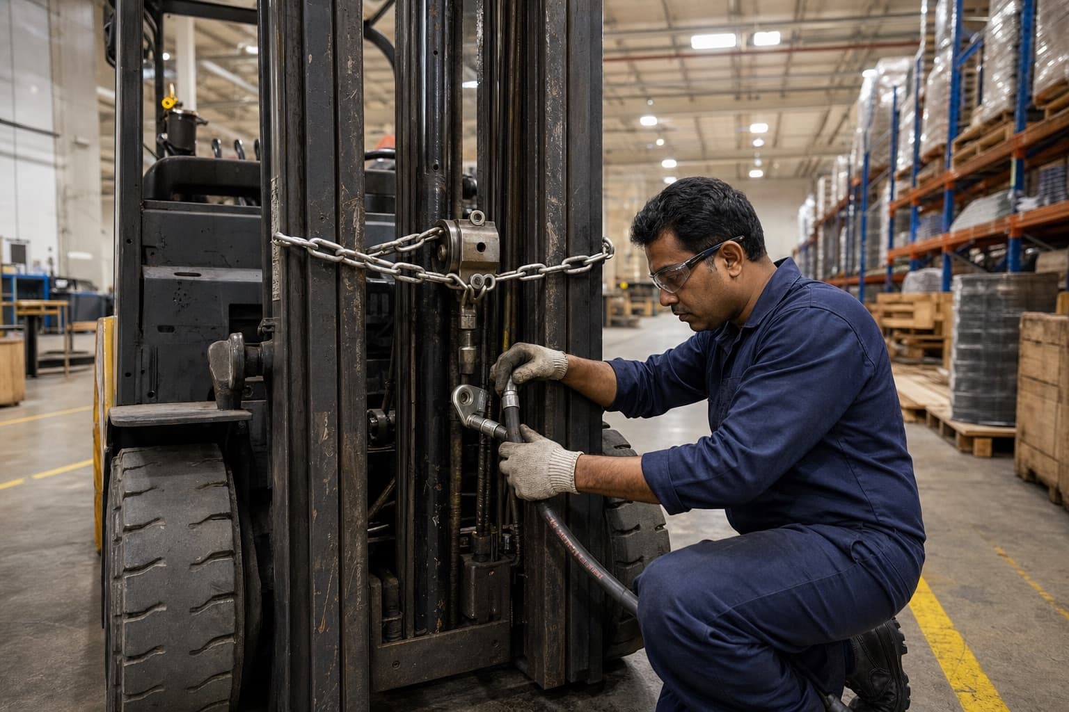 A technician replacing a forklift mast hose with the carriage held on a safety chain, warehouse racking receding behind