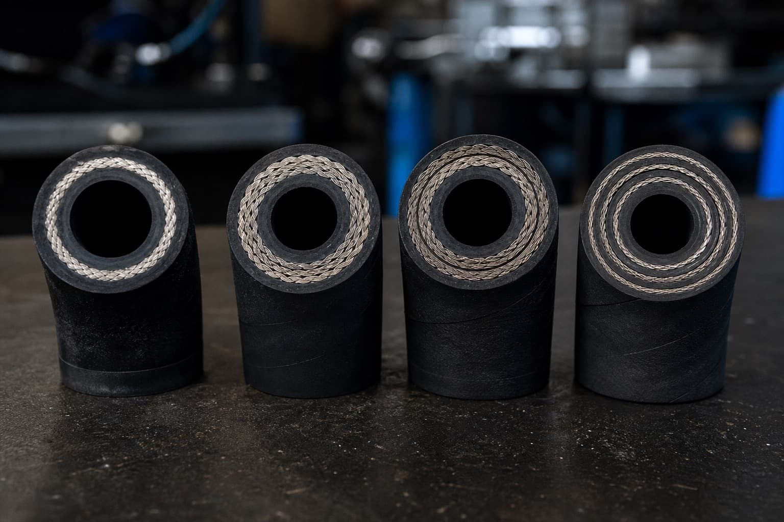 Four hydraulic hose sections stood on end showing different internal constructions in cut face, from single wire braid to multiple spiral layers