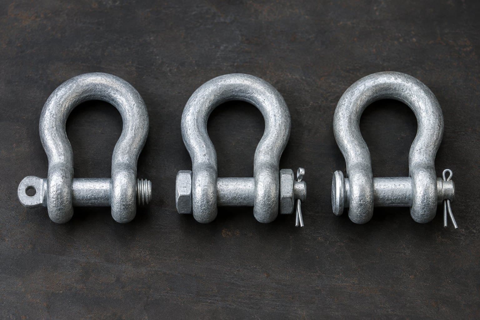 Three galvanized anchor shackles side by side with a screw pin, a bolt with nut and cotter, and a round pin with cotter