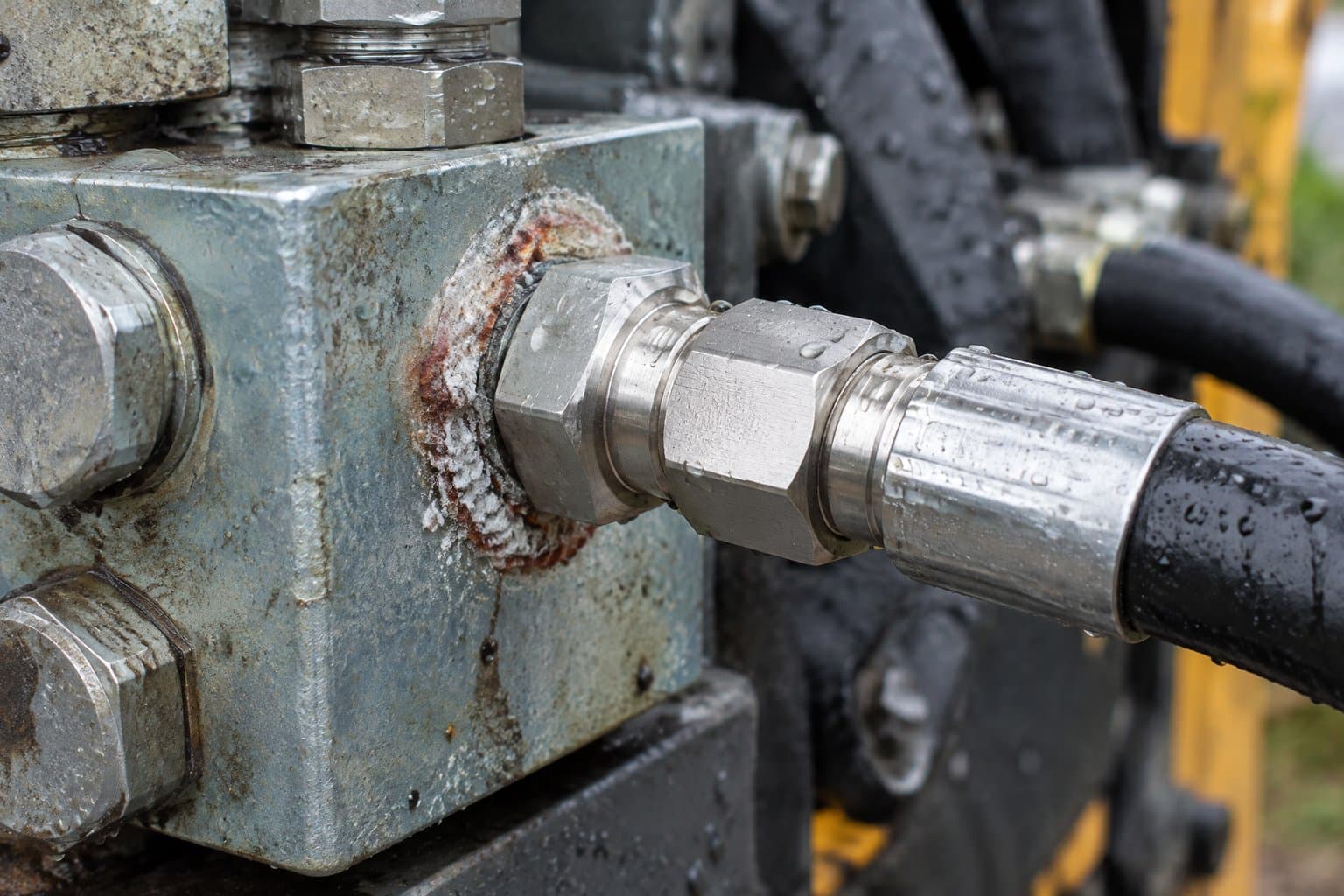 A bright stainless fitting in a plated steel port with corrosion forming only on the plated metal around it