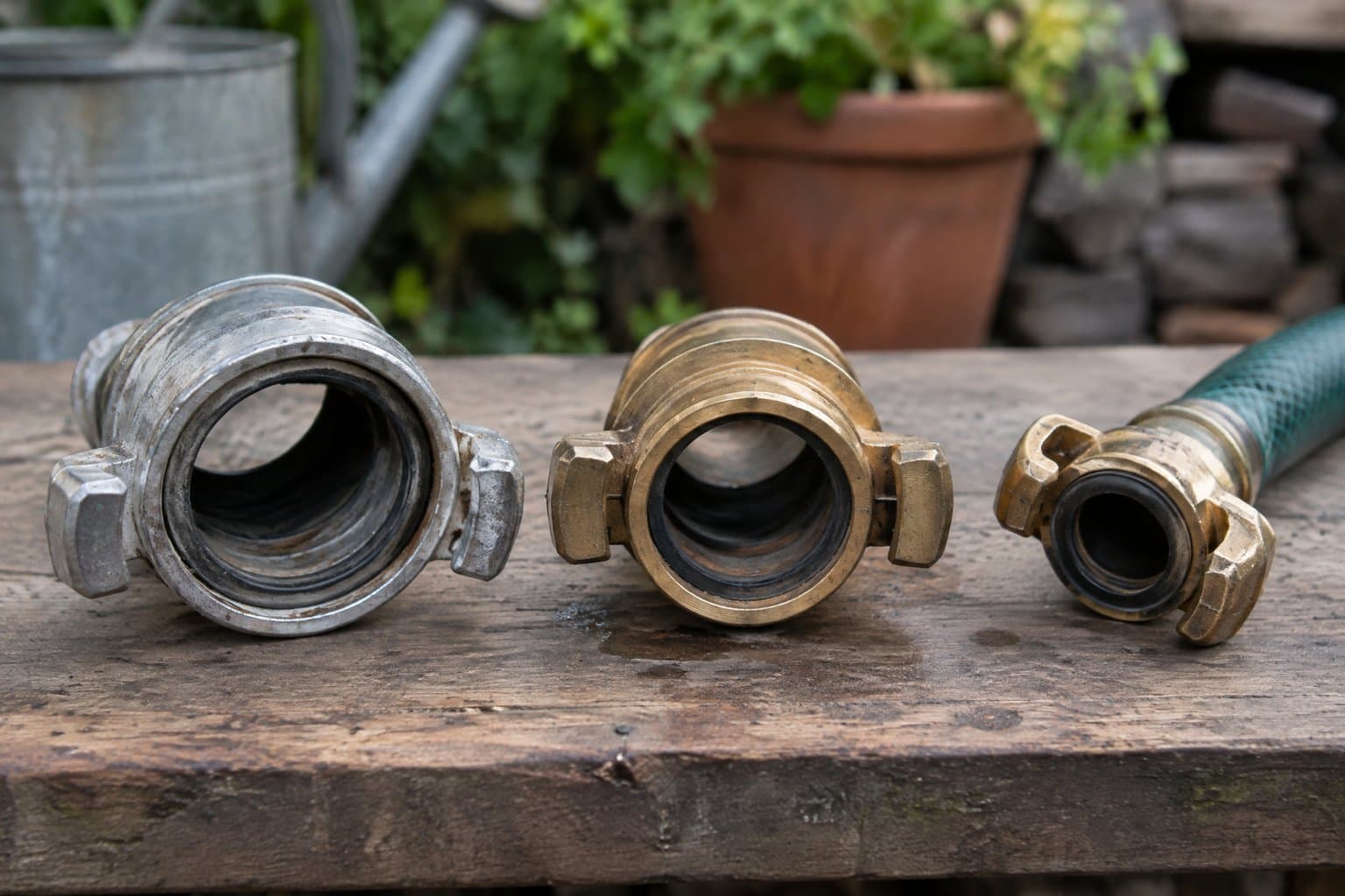 A GOST, a Barcelona and a Geka coupling side by side on a bench, three symmetrical patterns that fit only themselves