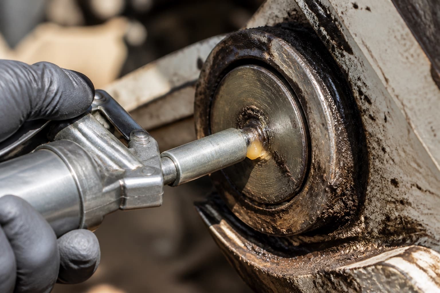 A grease gun coupler pushed onto a small grease nipple on a machine pivot pin, fresh grease just emerging from the joint