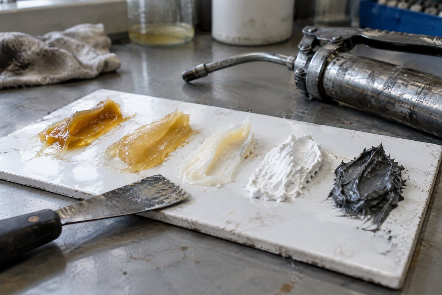 Grease samples of varying consistency and colour spread on a white tile with a spatula and grease gun