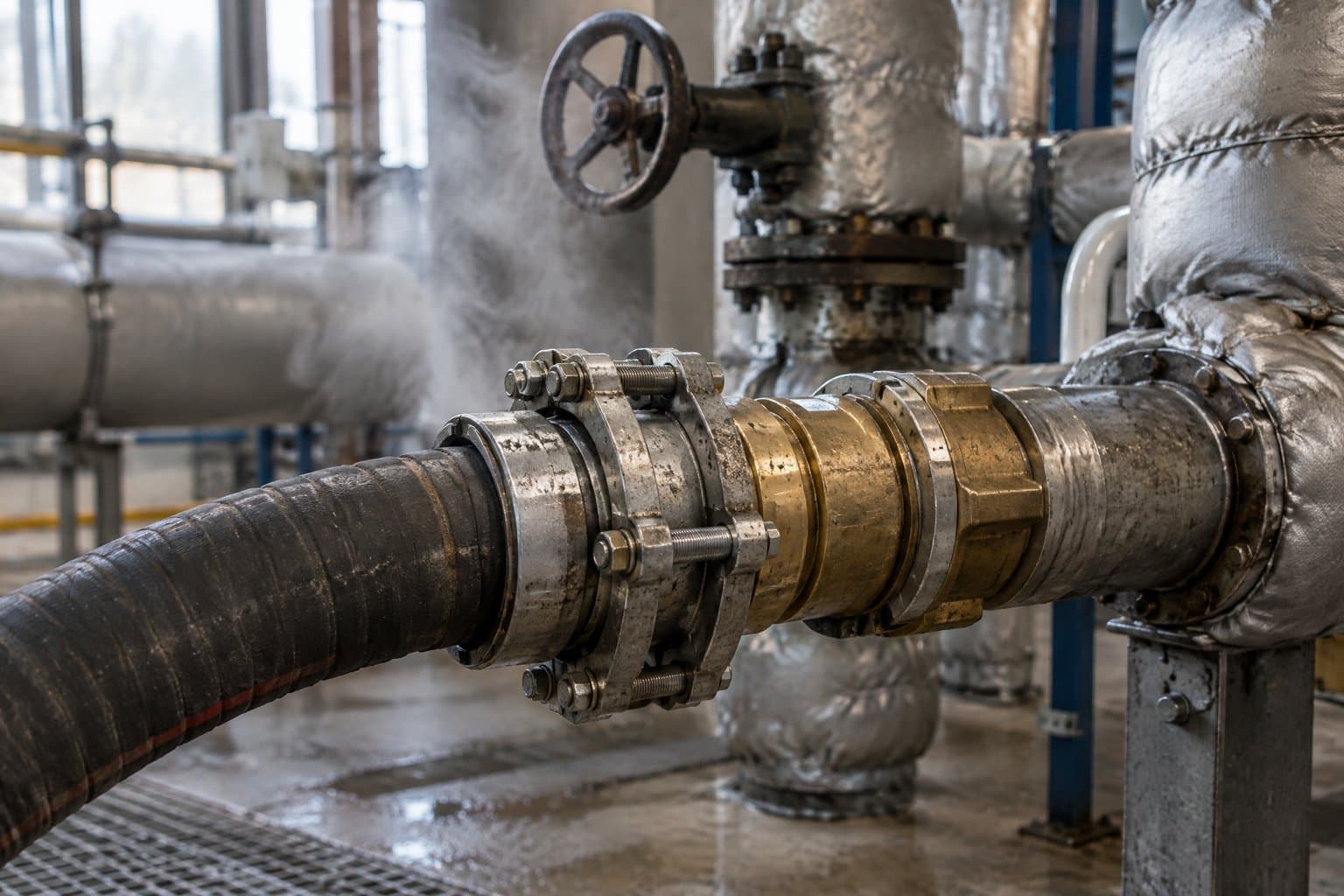 A steam hose with a ground joint coupling and bolted clamp in a plant room, insulated steam pipework behind