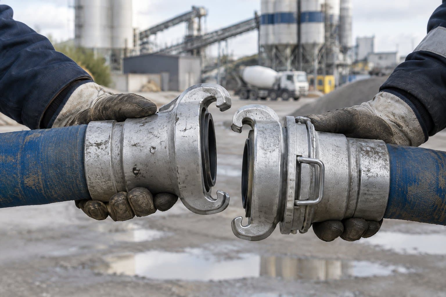 Two symmetrical Guillemin couplings being joined by hand on an industrial water hose