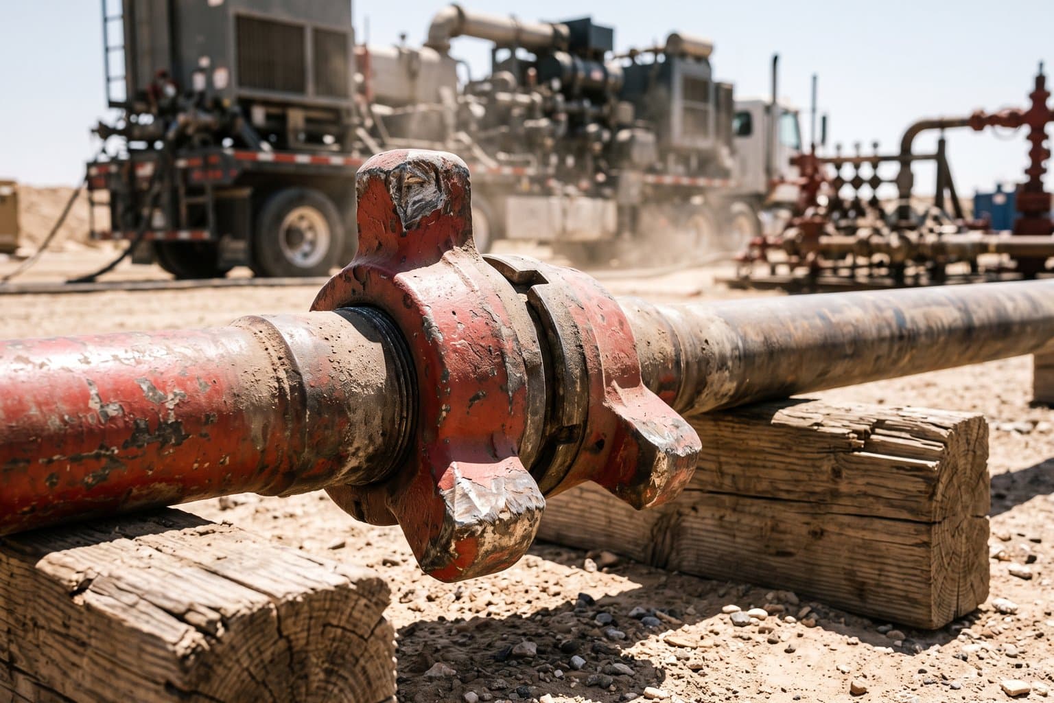 A red three-lug hammer union joining two pup joints on timber dunnage at a desert well site, a pump unit behind